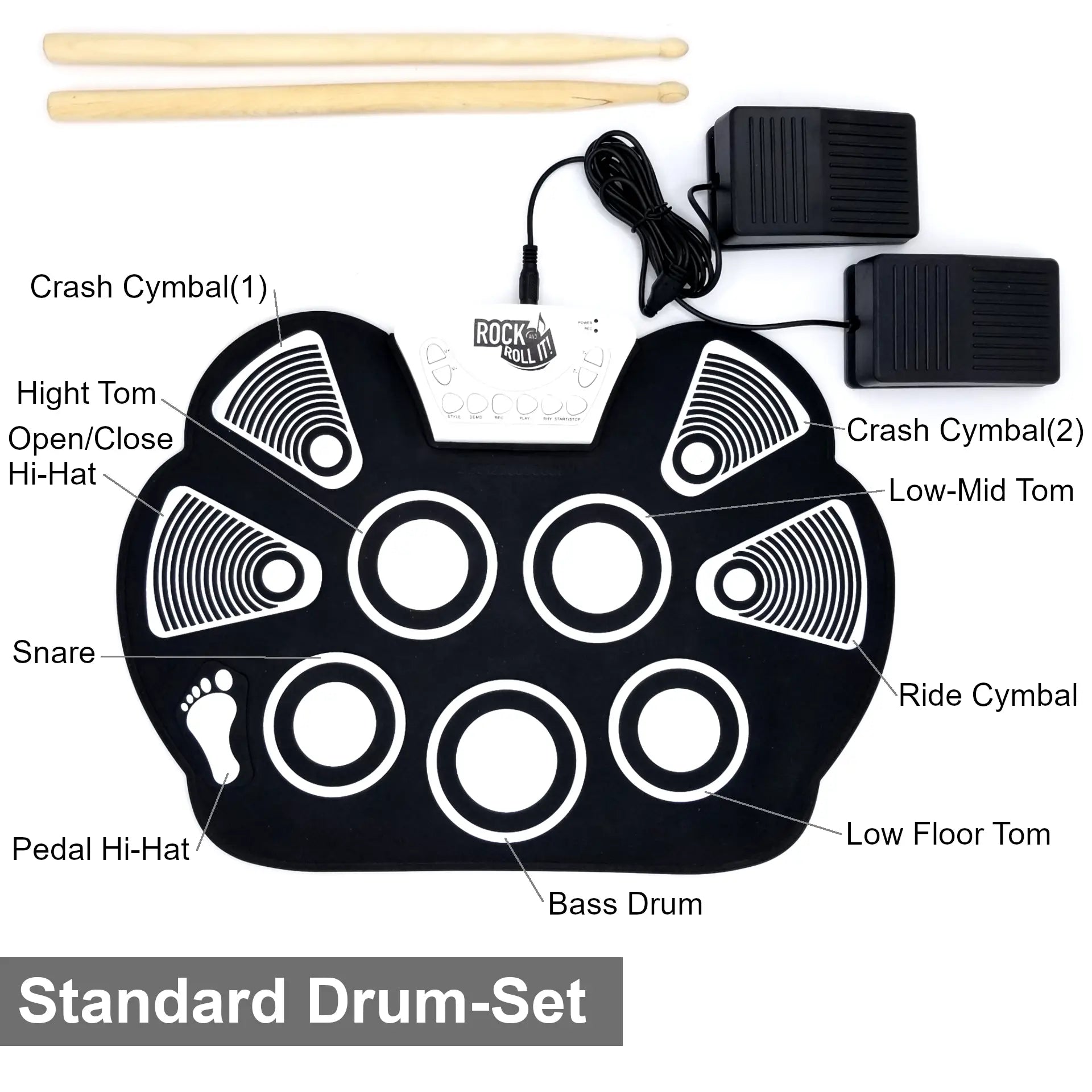 Classic Drum - Electronic Silicone Pad + Bass/Hi Hat Pedals Rock and Roll It