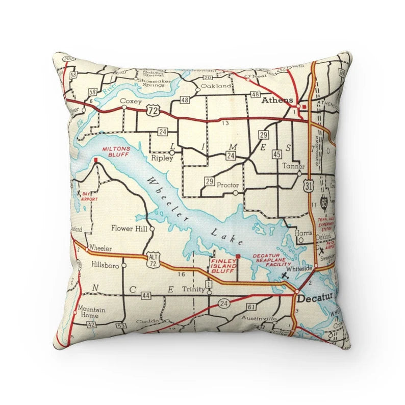 Wheeler Lake Alabama Map Pillow Cover